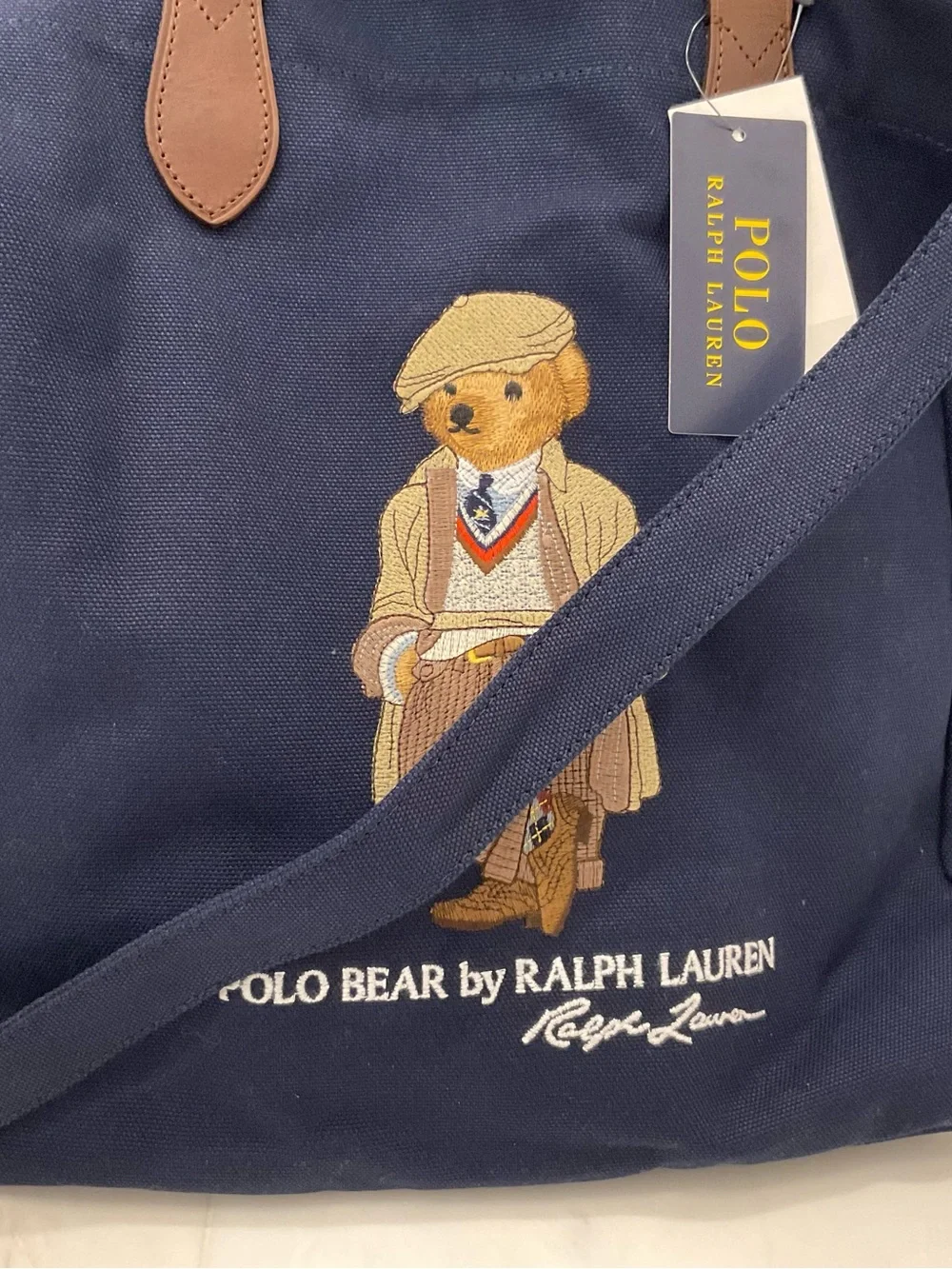 Polo Ralph Lauren Navy Blue HERITAGE BEAR Canvas Embroidered SHOPPER Tote Bag